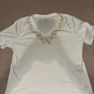 Alia White V-Neck Top with Green Floral Embroidery
